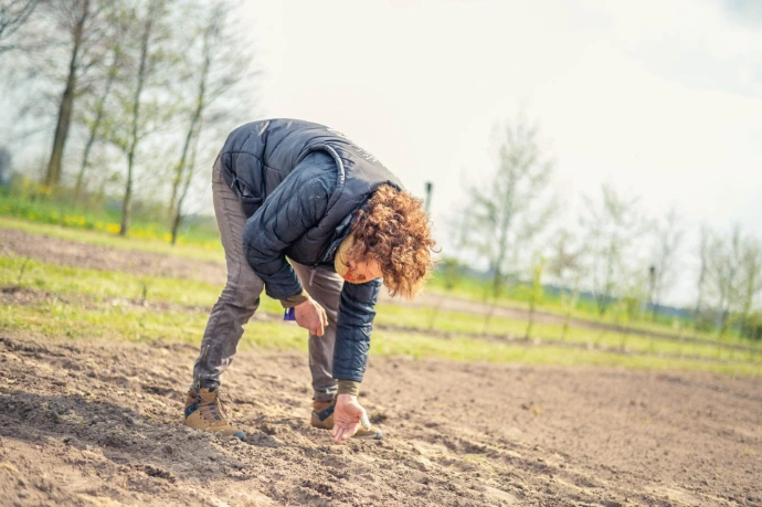 Vrouw zaait op het veld, foto Maarten Vandewalle