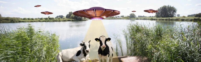 campagnebeeld: koeien voor een kreek met daarboven enekel ufo's